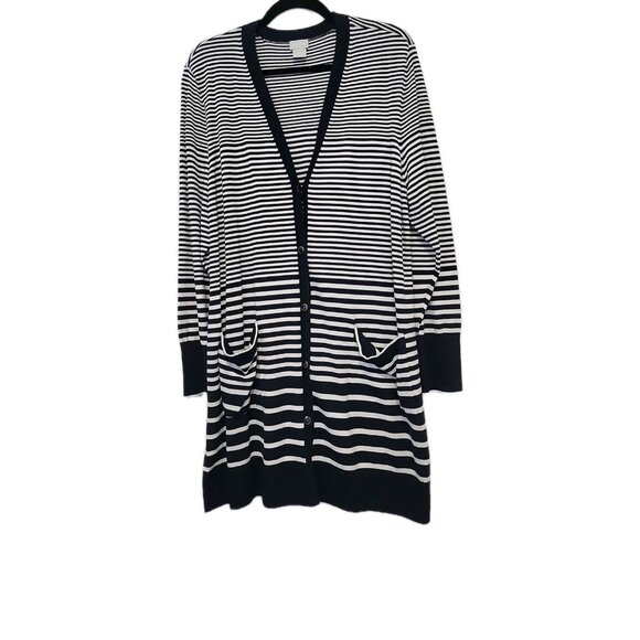 Chico's (3)  Nautical Faded Stripe Long Sweater Cardigan Blue & White XL - Picture 1 of 9